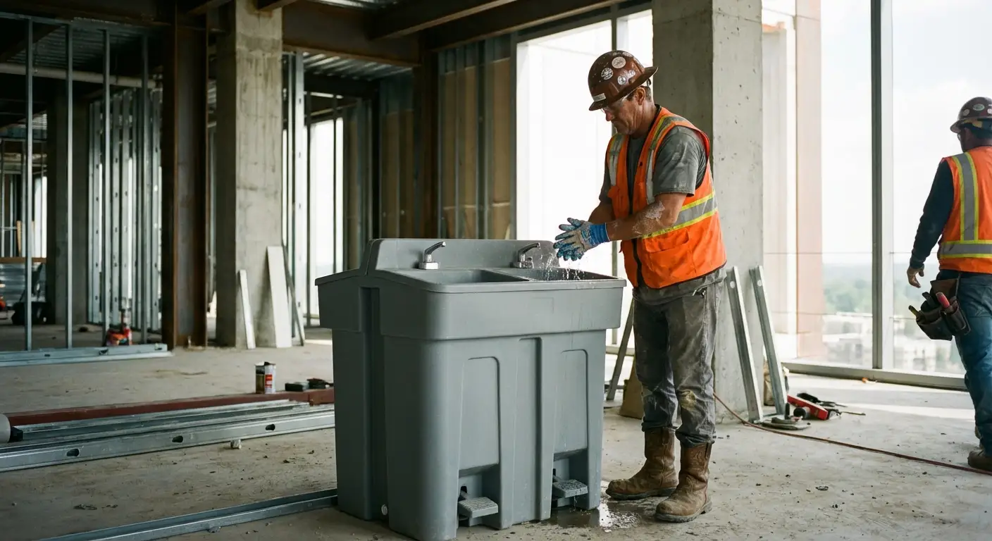 A dual-basin hand wash station positioned on a concrete floor of a high-rise construction site with the city skyline visible through open steel framing. in Arlington, VA