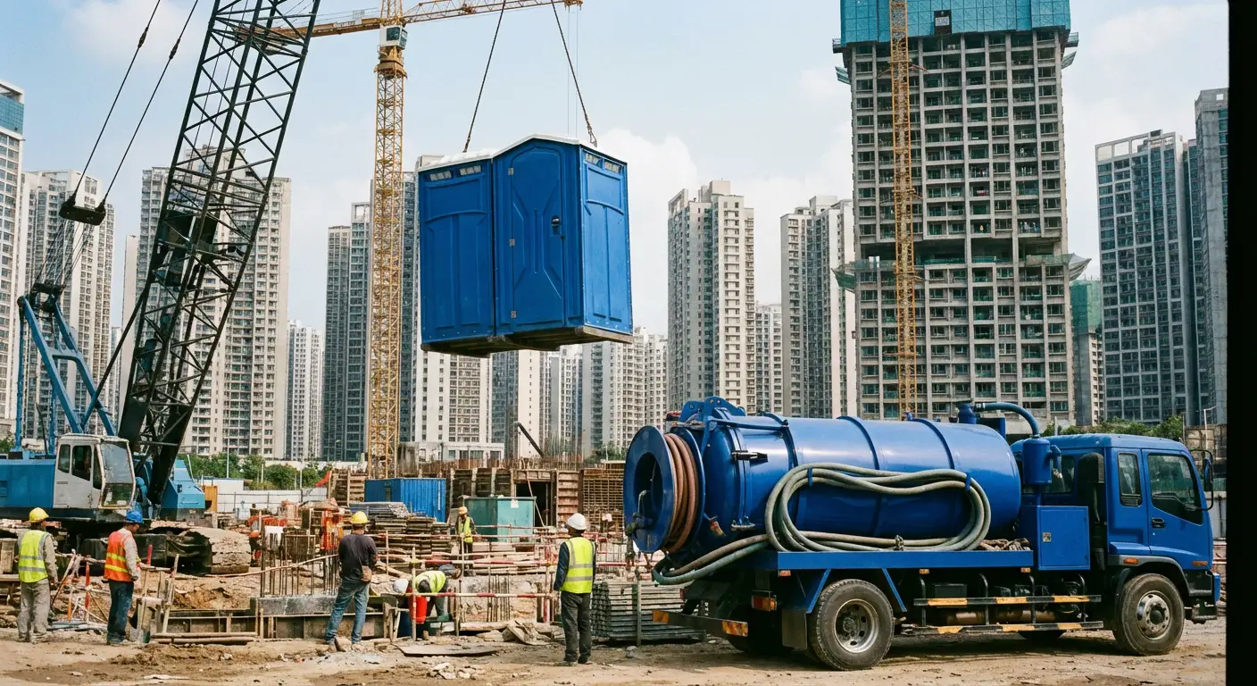 A High-Rise Crane Liftable Toilet unit suspended in mid-air by a crane against a city skyline during the day, showcasing the steel sling attachment. in Arlington, VA