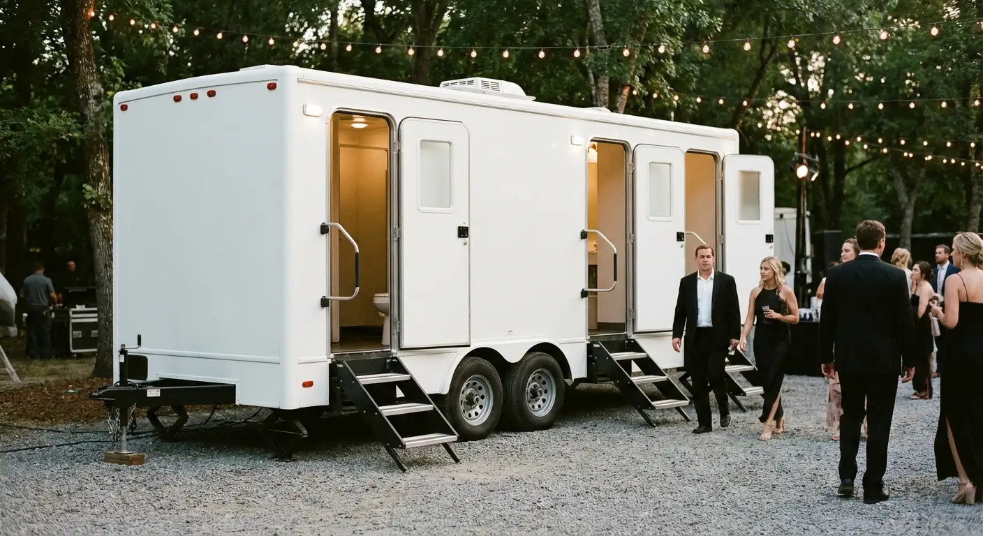Exterior of a Luxury Restroom Trailer at an evening event, warm lighting spilling from the door, positioned discreetly near a manicured lawn. in Arlington, VA