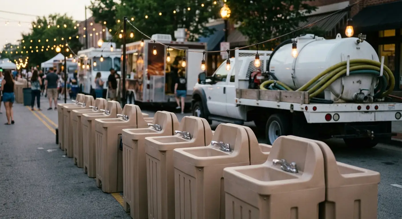 A row of clean, grey portable hand wash stations set up on pavement near food trucks, with blurred festival lights and crowd in the background. in Arlington, VA