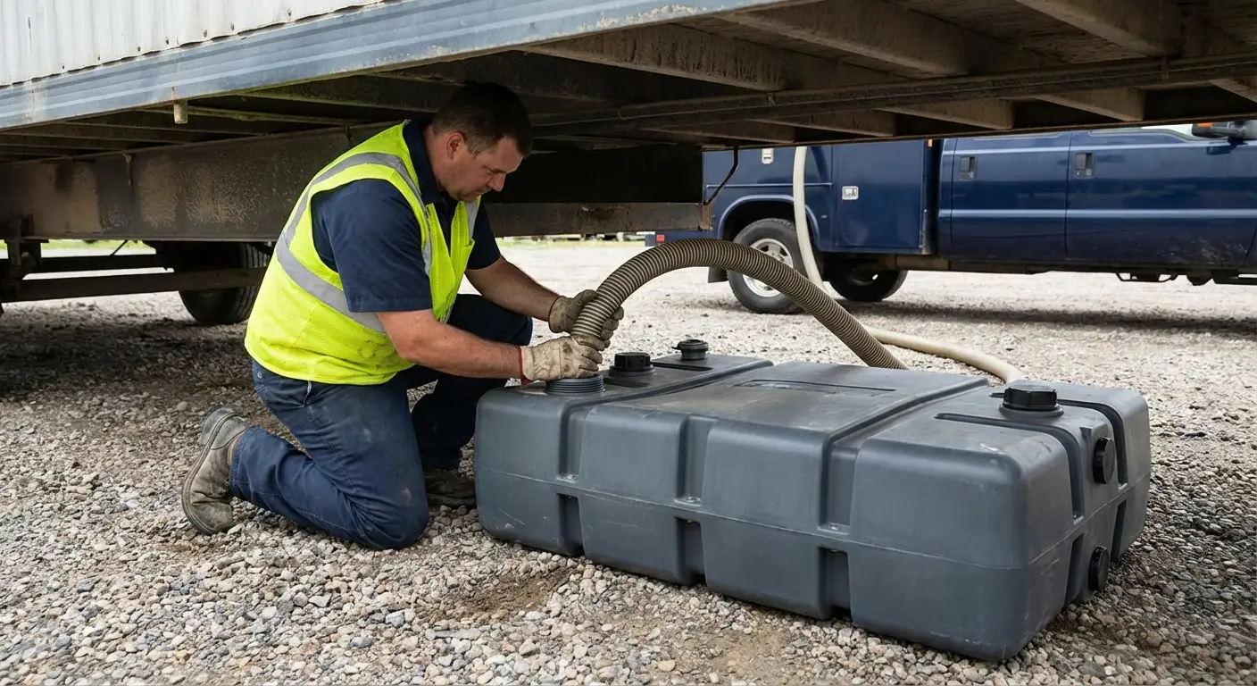 Key Bridge Portables vacuum truck servicing a waste holding tank at a construction site in Arlington, VA