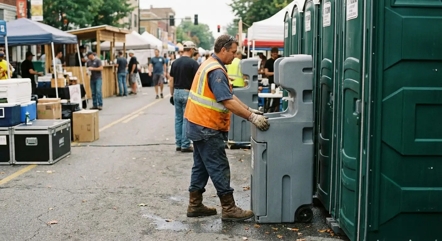 A row of pristine Special Event Portable Restrooms and hand wash stations lined up along a festival barrier with blurred crowds in the background. in Arlington, VA