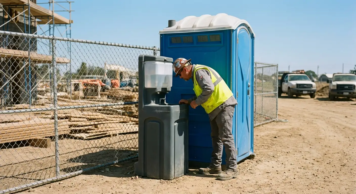 A close-up view of a portable hand wash station next to a portable toilet on a dirt construction site, focusing on the foot pump mechanism. in Arlington, VA